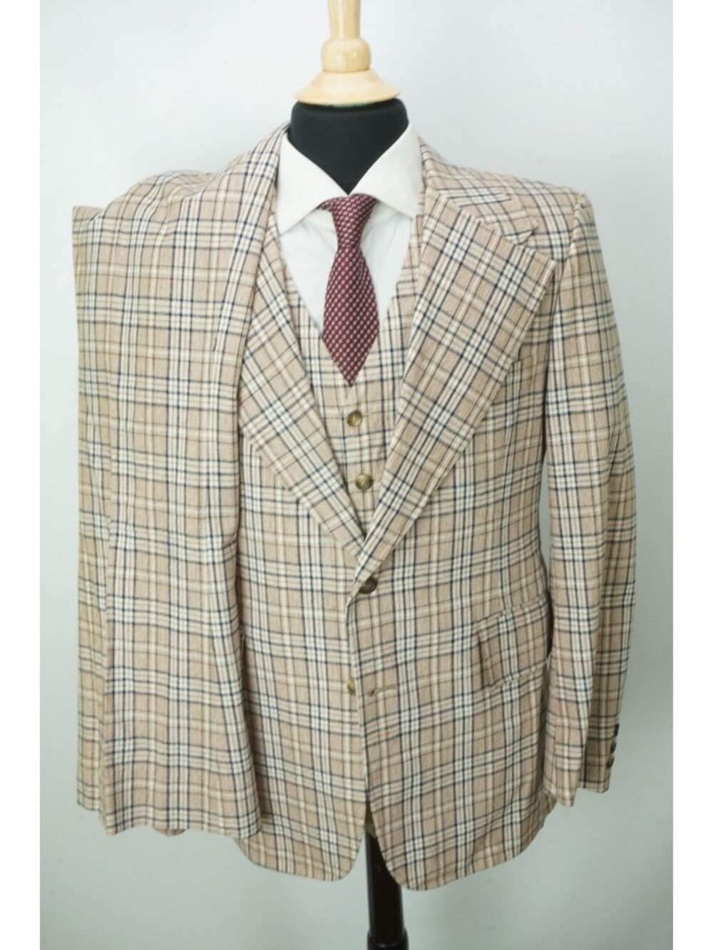 Unbranded VINTAGE Brown Blue Plaid 3 Pc Suit Jacket Pants Vest Sz 40R - Picture 2 of 11